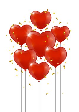 Parlak kırmızı kalp şeklinde balonlar ve beyaz arka planda izole edilmiş altın konfetiler.