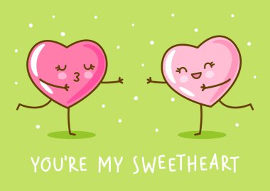pink hearts emoji running to each other on green background