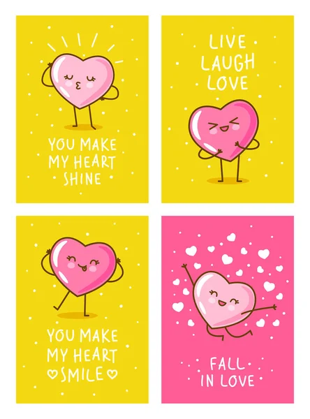 Set Valentines Day Vertical Greeting Cards Design Cute Happy Hearts — Stock vektor