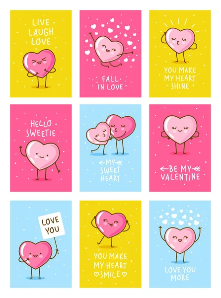 Set Valentines Day Vertical Greeting Cards Design Cute Happy Hearts — Stock vektor