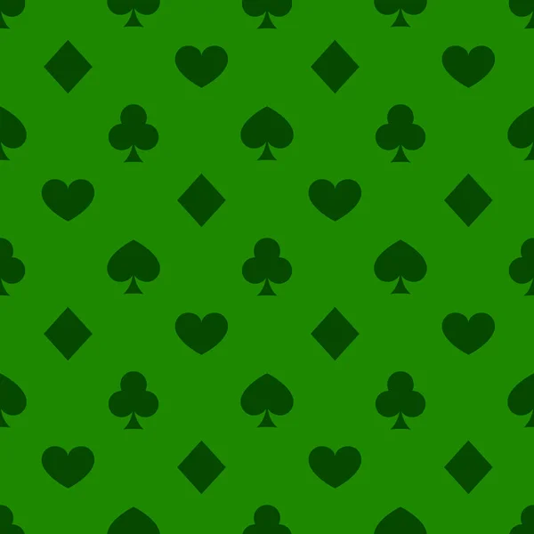 緑の背景にカードスーツの飾りとシームレスなパターン — ストックベクタ