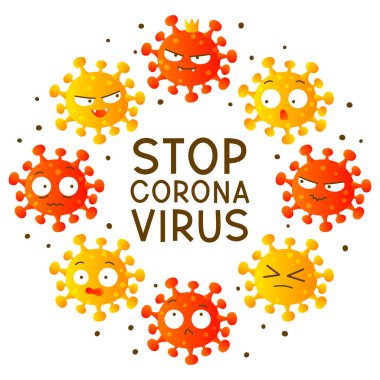 Beyaz arkaplanda izole edilmiş Coronavirus çizgi film karakterleri