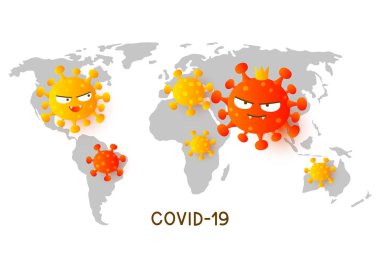 Coronavirus, dünya haritası arka planında kötü karakterler çizer - salgın konsepti