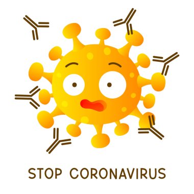 Coronavirus çizgi filmi, beyaz arka planda izole edilmiş antikorların saldırısına uğramış korkmuş emoji.