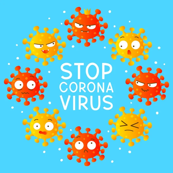 Coronavirus Personaggi Dei Cartoni Animati Cornice Rotonda Sfondo Blu — Vettoriale Stock