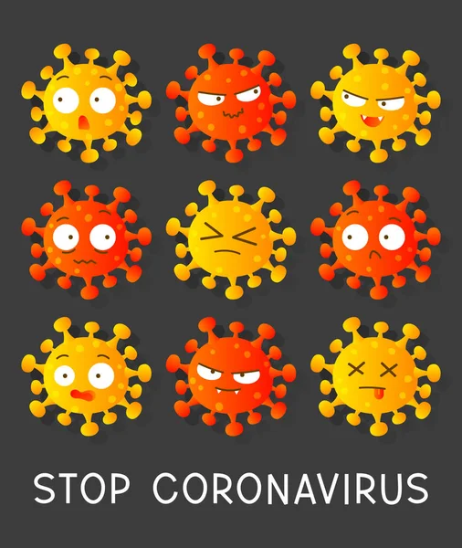 Uppsättning Coronavirus Tecknad Emoji Tecken Mörk Bakgrund — Stock vektor