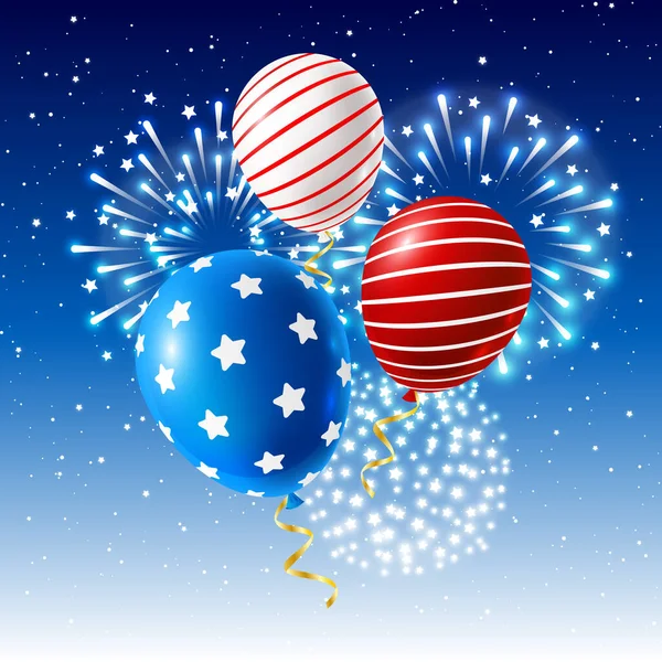 Independence Day Greeting Card Color Balloons Shiny Fireworks Starry Night — Stock Vector