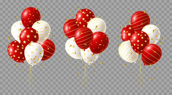 Conjunto Cachos Balões Vermelhos Brancos Com Confete Dourado Sobre Fundo — Vetor de Stock
