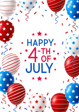 Beyaz arkaplanda izole edilmiş renkli balonlar ve konfetilerle Bağımsızlık Günü tebrik kartı