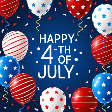 Mavi arka planda renkli balonlar ve konfetilerle Bağımsızlık Günü tebrik kartı