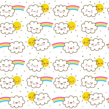 Gökkuşağı ve güneş ile sevimli küçük bulutlar ile kusursuz desen - çocuklar için kawaii arka plan tekstil tasarımı