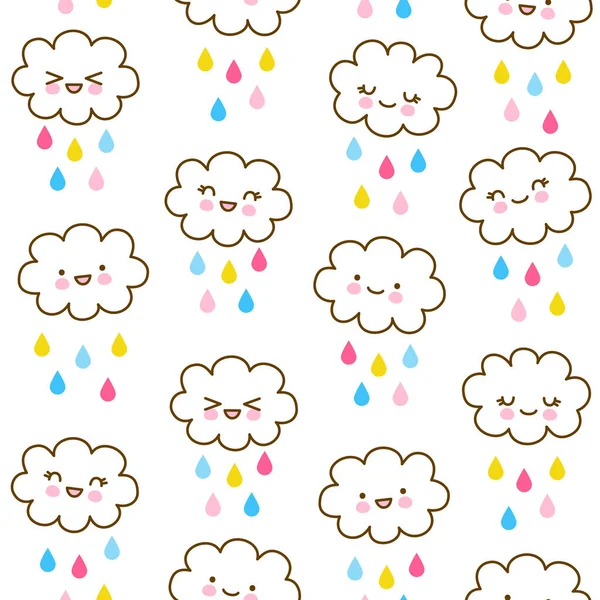 Renk yağmur damlalı şirin bulutlarla kusursuz desen - çocuklar için kawaii arka plan tekstil tasarımı