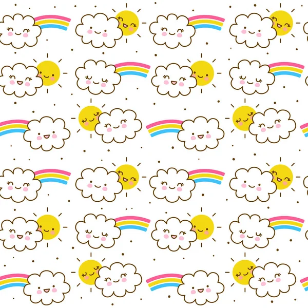 虹と太陽のかわいい小さな雲とシームレスなパターン 子供のテキスタイルデザインのためのかわいい背景 — ストックベクタ