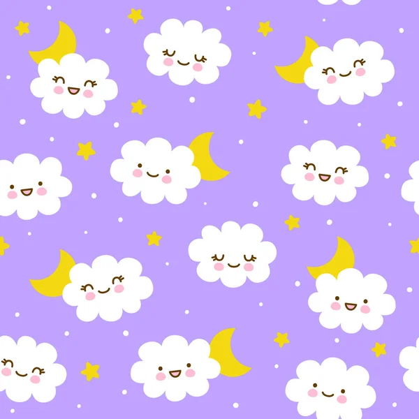 Motif Uni Avec Jolis Petits Nuages Lune Étoiles Fond Kawaii — Image vectorielle