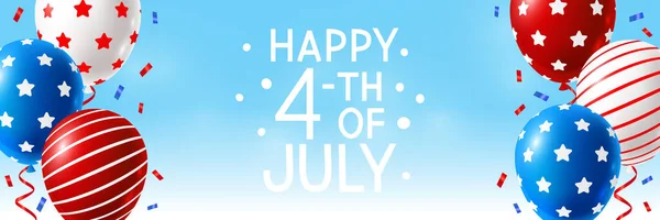 独立記念日青い空の背景にカラーバルーンとコンフェッティ付きパノラマバナー — ストックベクタ