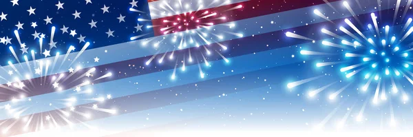 Gece Yıldızlı Arka Planda Amerikan Bayrağı Havai Fişekleriyle Bağımsızlık Günü — Stok Vektör