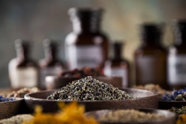 Medicina herbal en escritorio de madera —  Fotos de Stock