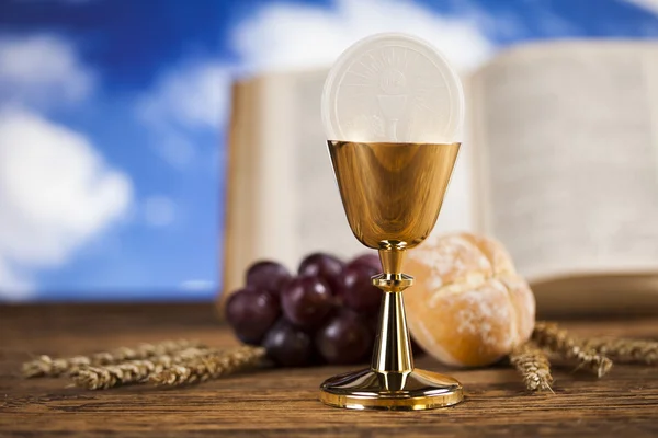 Symbol of christian religion and a golden chalice — Stock Photo, Image