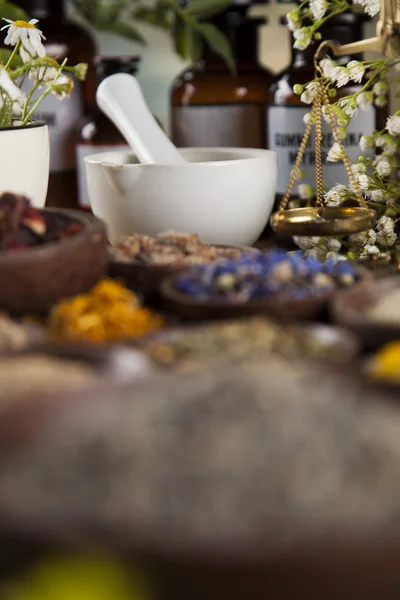 Herbs and mortar on wooden table