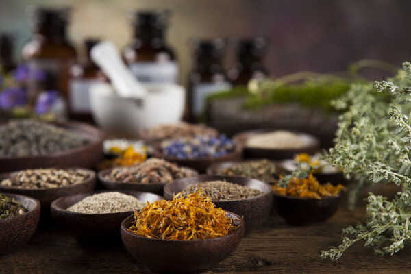 Medicine bottles and herbs