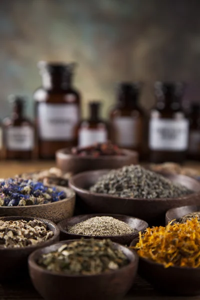 Herbal medicine on wooden desk — Stock Photo, Image