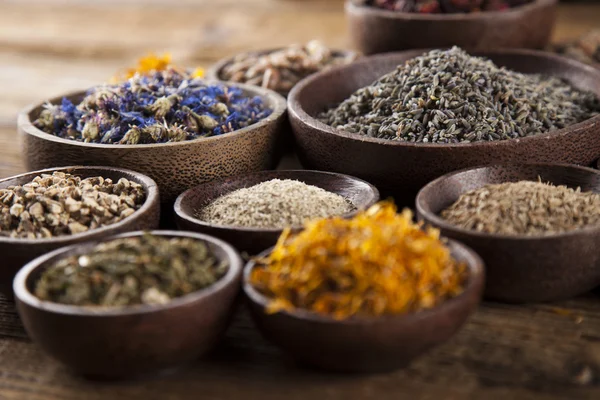 Herbal medicine on wooden desk — Stock Photo, Image