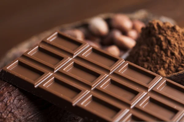 Chocolate bars, cacao beans and powder — Stock Photo, Image