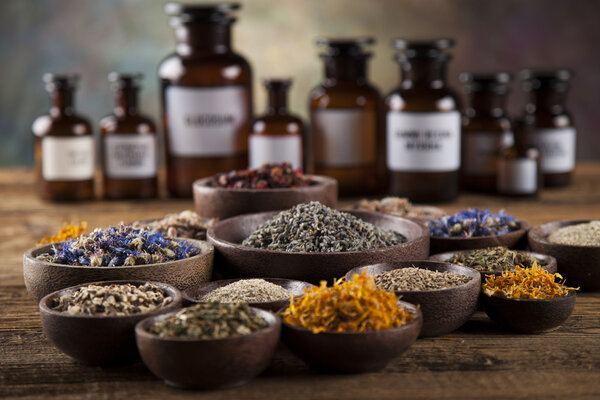 Medicine bottles and herbs