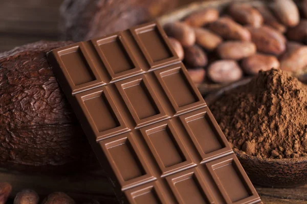 Chocolate bars, cacao beans and powder — Stock Photo, Image