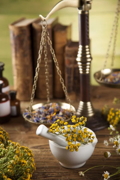 Book and Herbal medicine on wooden table — Stock Photo, Image