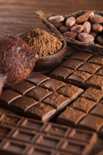 Chocolate bars with cacao beans and powder