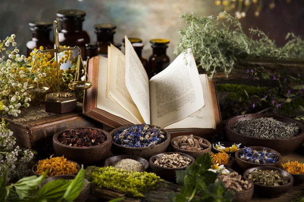 Medicina herbal e livros sobre mesa de madeira — Fotografia de Stock