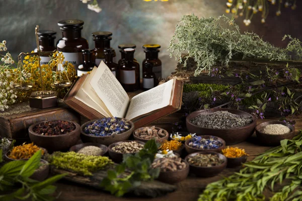 Medicină pe bază de plante și cărți pe masă de lemn — Fotografie, imagine de stoc