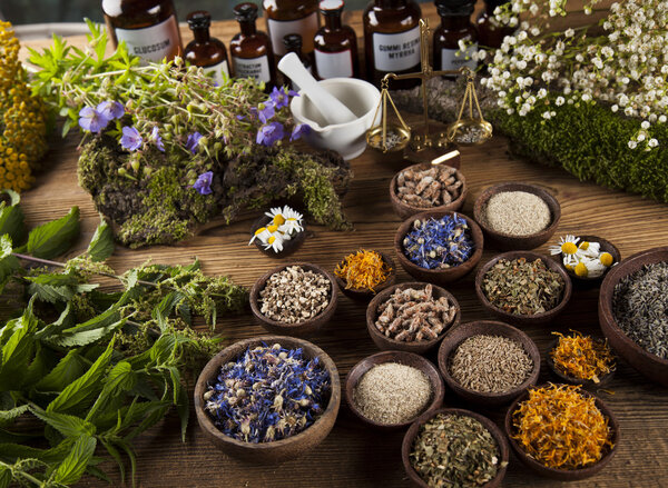Dried herbs and mortar