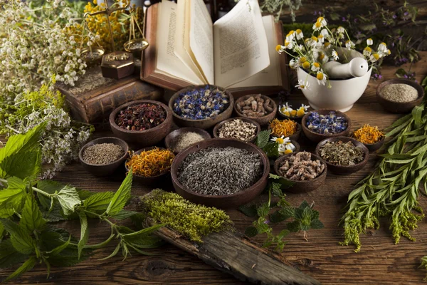 Трав'яна медицина та книги на дерев'яному столі — стокове фото