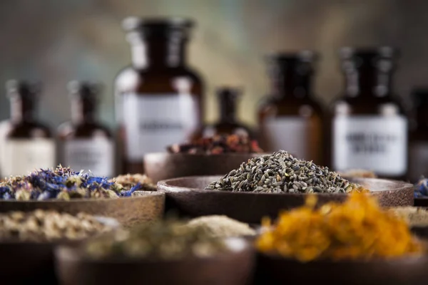 Medicina herbal en escritorio de madera — Foto de Stock