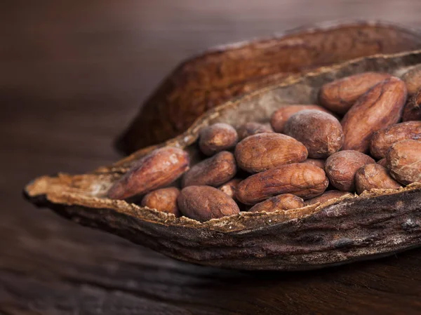 Какао-стручок на деревянном столе — стоковое фото