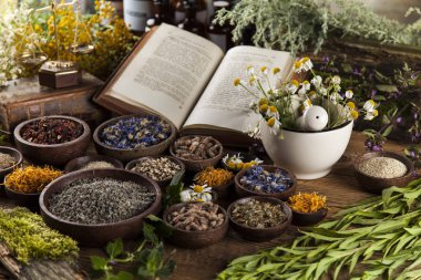 Herbal medicine on wooden desk clipart