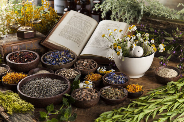 Herbal medicine on wooden desk