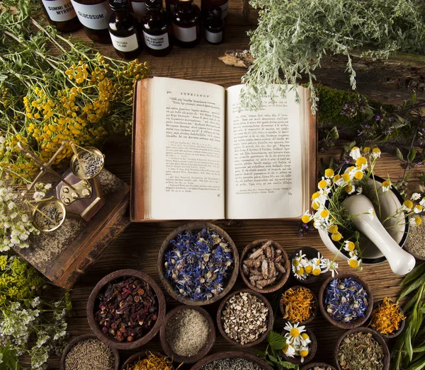 Medicina herbal em mesa de madeira — Fotografia de Stock