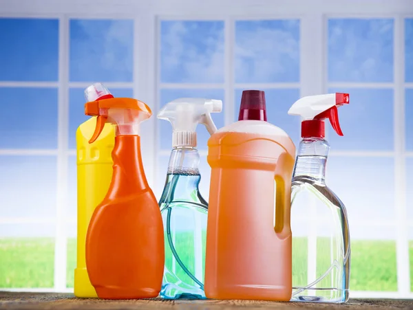 Cleaning products. Home concept and window background — Stock Photo, Image