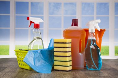 Temizlik ürünleri. Ev kavramı ve pencere arka plan