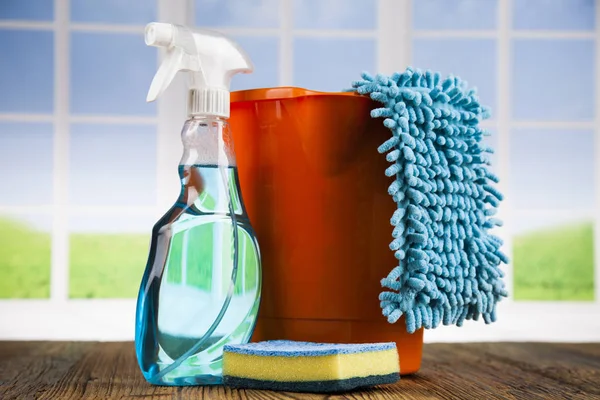 Cleaning products. Home concept and window background — Stock Photo, Image