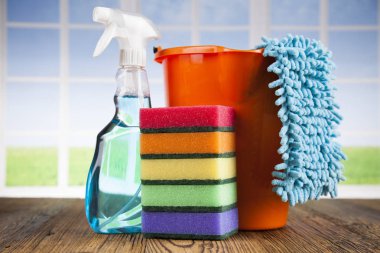 Temizlik ürünleri. Ev kavramı ve pencere arka plan