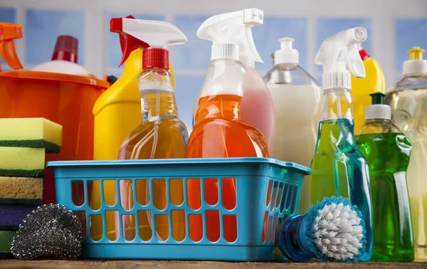 Cleaning products. Home concept and window background — Stock Photo, Image