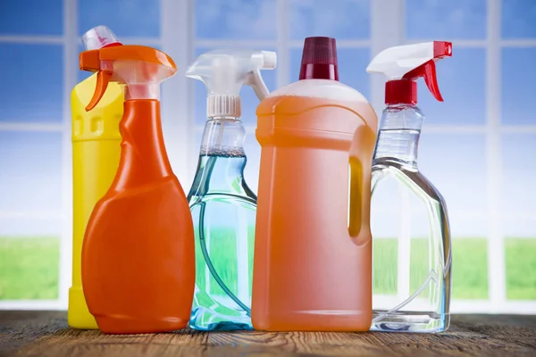 Cleaning products. Home concept and window background — Stock Photo, Image