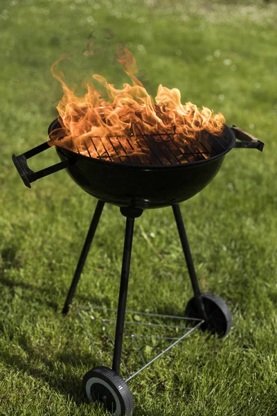 Barbecue grill met vuur op aard — Stockfoto