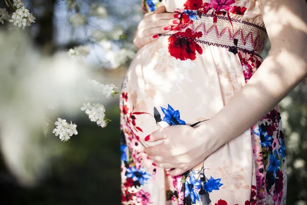 Květinová zahrada, ovocný sad, těhotná žena — Stock fotografie