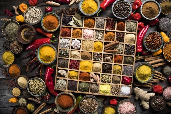 Assorted Spices in a wooden box — Stock Photo, Image