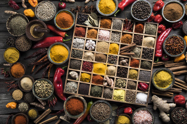Assorted Spices in a wooden box